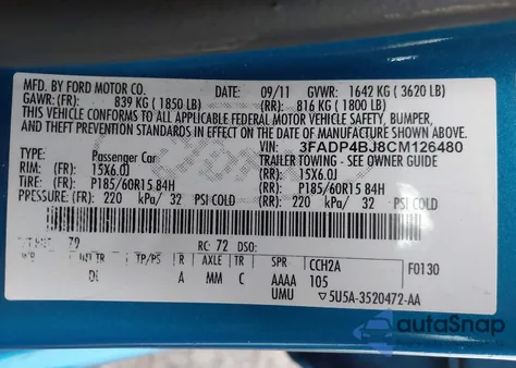 2012 Ford Fiesta Se from USA, damaged, VIN 3FADP4BJ8CM126480